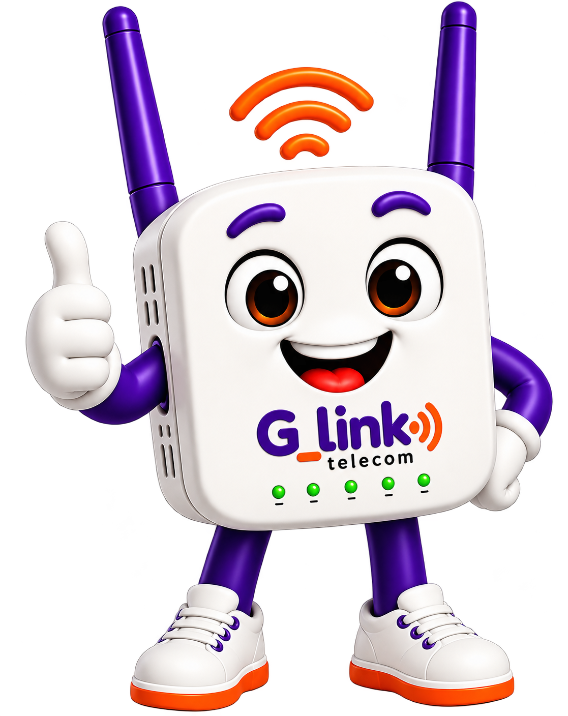 Glin, o mascote roteador da Glink Telecom, fazendo joinha